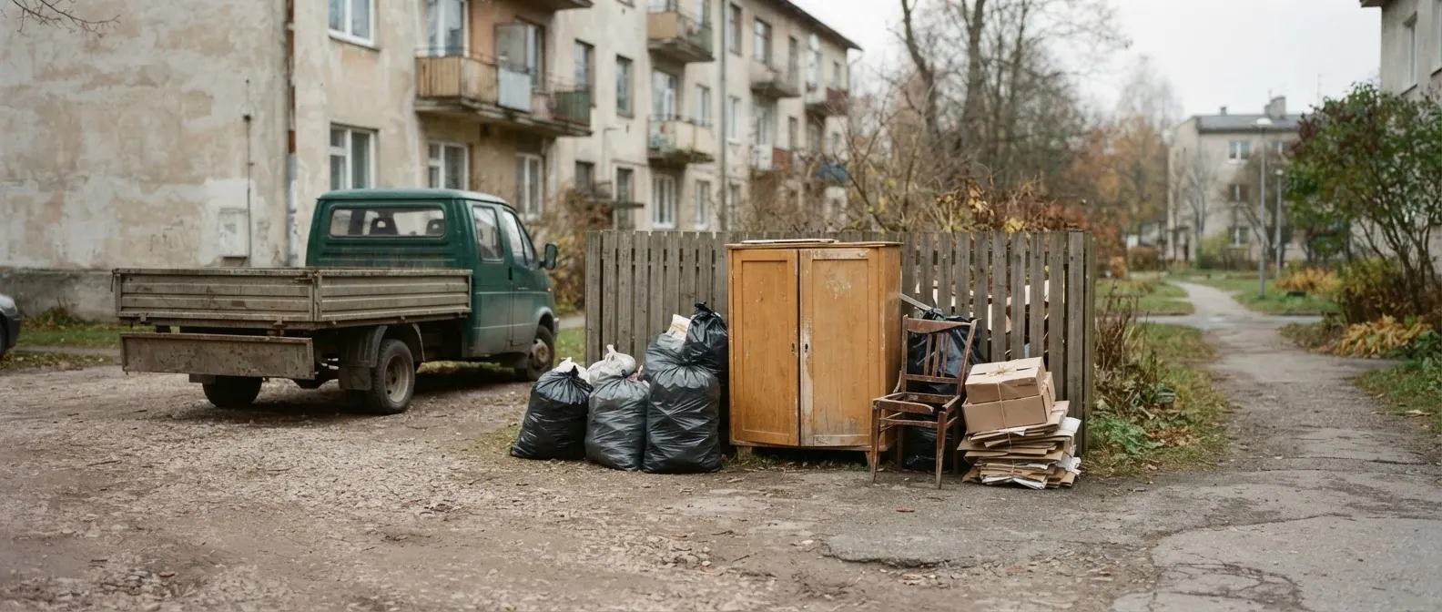 Äraveoks kogutud kotid ja vana mööbel hoovis