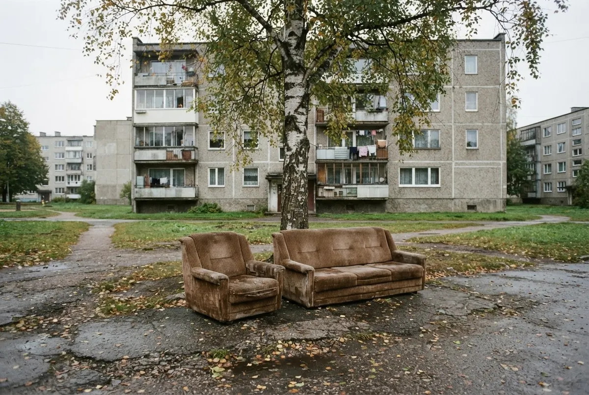 Vana diivan ja tugitool kortermaja hoovis